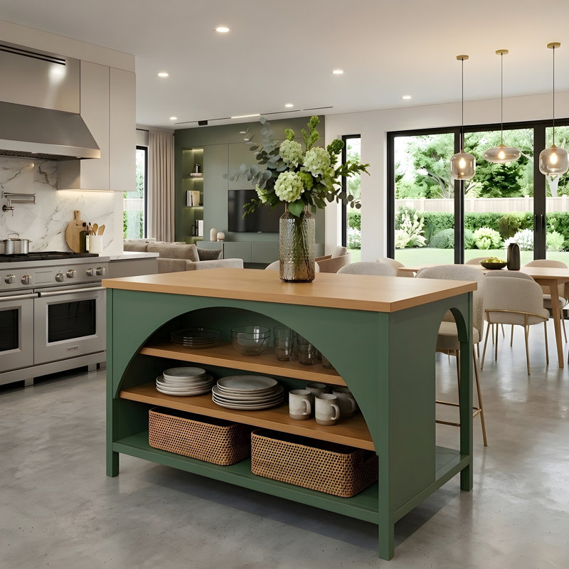 Îlot de cuisine de style campagnard de 142 cm (56 po), plateau en bois d'hévéa naturel, détail arqué + rangement ouvert, vert
