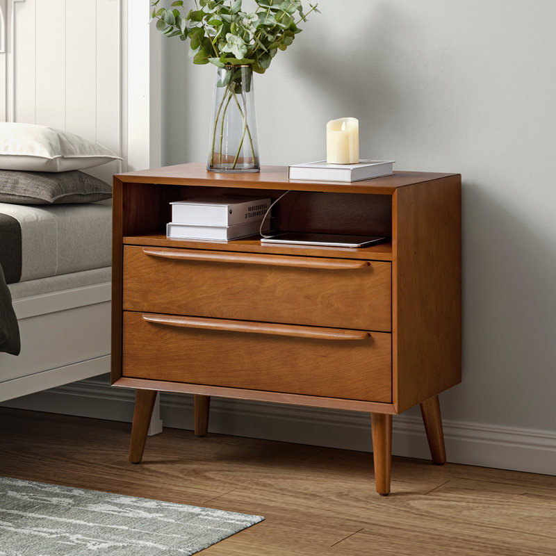 Aviannah Midcentury Modern 2-Drawer Nightstand with Charger