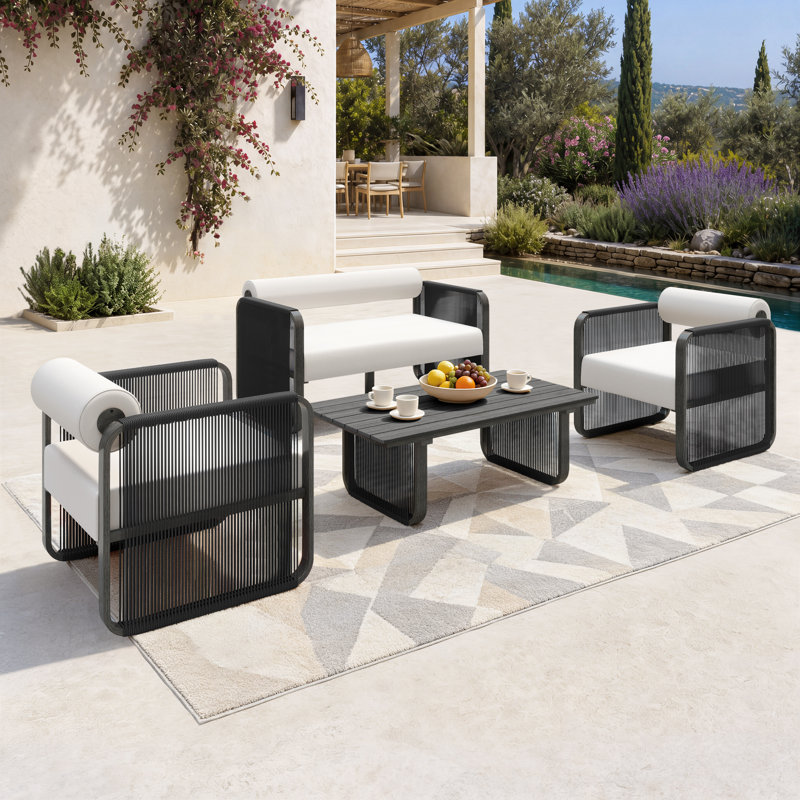 Ensemble de conversation d'extérieur en aluminium et osier pour 4 personnes avec coussins Sunbrella, Noir