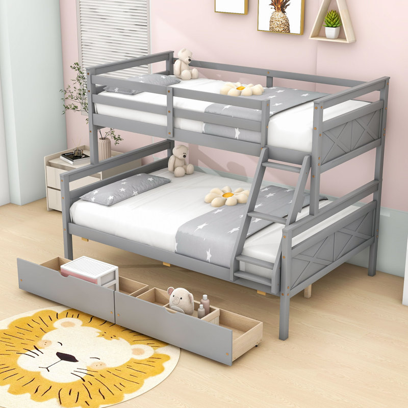 2 Drawers Twin Over Full Bunk Bed With Guardrails, Can Be Split Into 2 Individual Beds, Grey