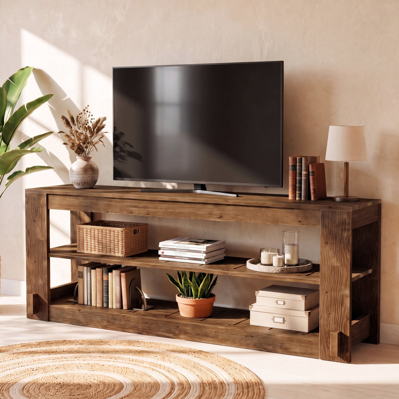 Meuble télé 63 po en bois massif avec tablettes de rangement, console multimédia à 3 niveaux pour salon, appartement