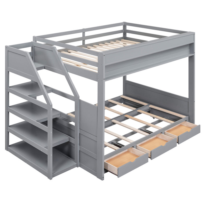 Lit superposé convertible Joycee avec escalier de rangement, table de chevet et 3 tiroirs, gris