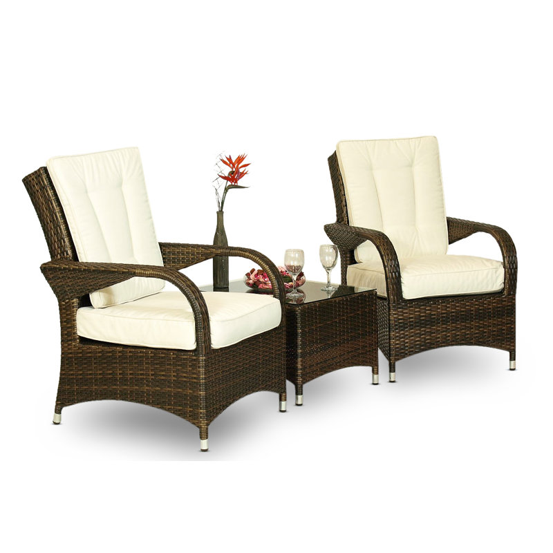 2 Seater Rattan Conversation Set, White, Brown