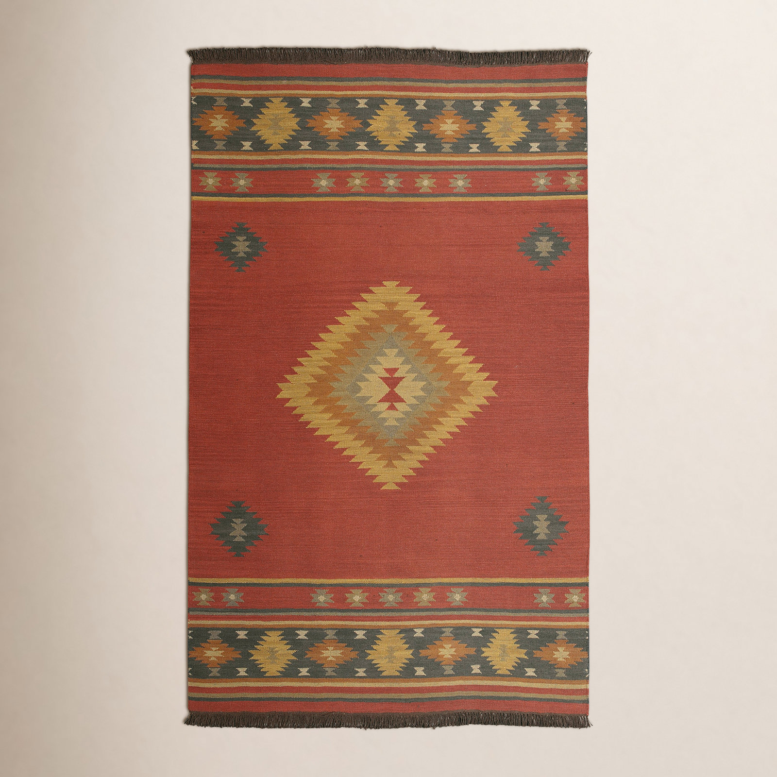 Mystica Handmade Wool Dark Red/Navy/Wheat Rug, Rectangle 5' x 8'