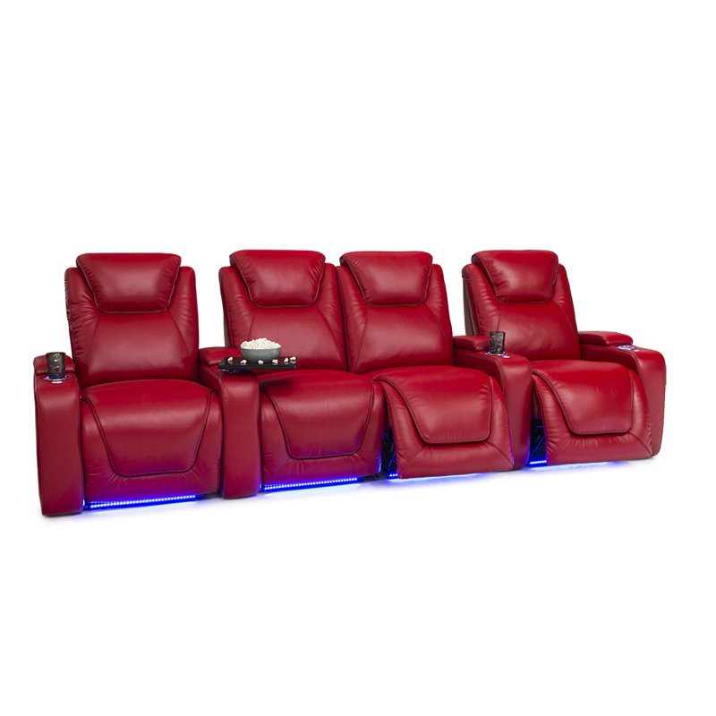 Rangée de sièges de cinéma maison en cuir (rangée de 4 avec causeuse centrale), Cuir véritable rouge