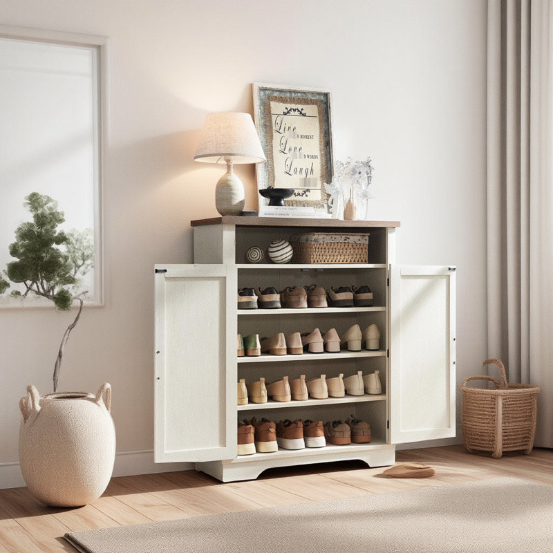 Armoire à chaussures blanche + chêne - 14,15 po Largeur du produit: Meubles d'entrée 6 décors
