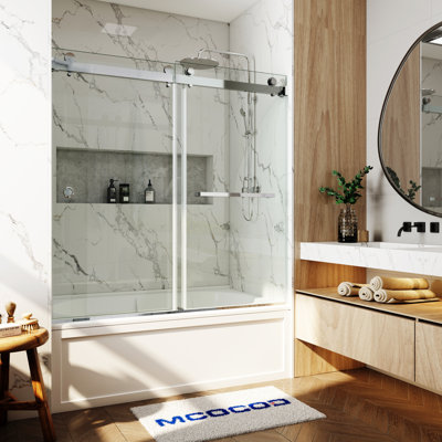 Opal Mirage MCOCOD 60" W x 66" H Double Smooth Sliding Frameless Tub Door and Anti-Collision Function with 3/8"(10mm)Clear Glass