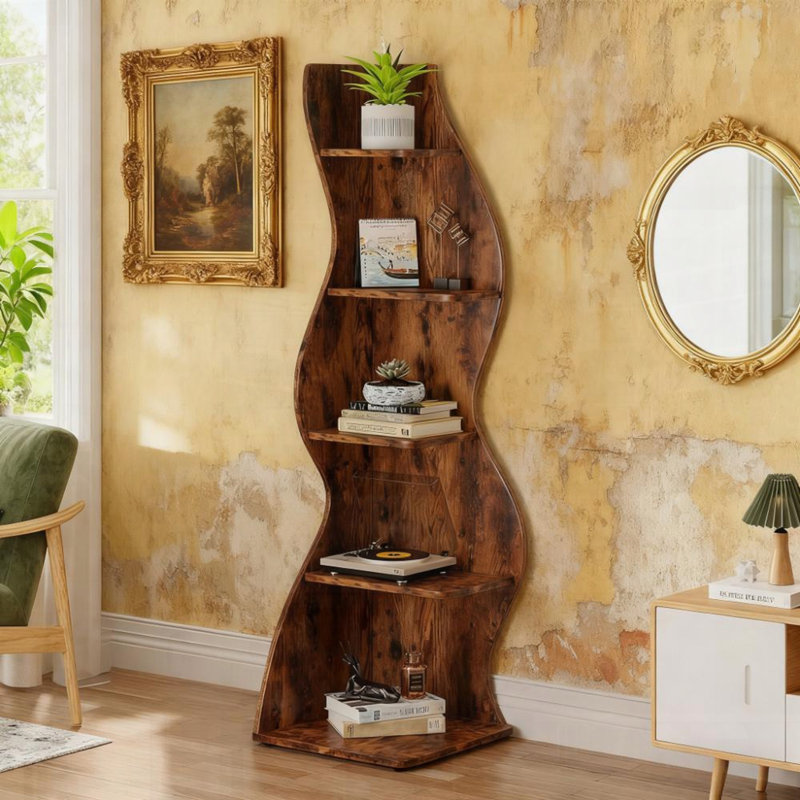 Bibliothèque d'angle à 5 niveaux avec tablettes réglables pour un rangement et une présentation efficaces, parfaite pour la maison et le bureau