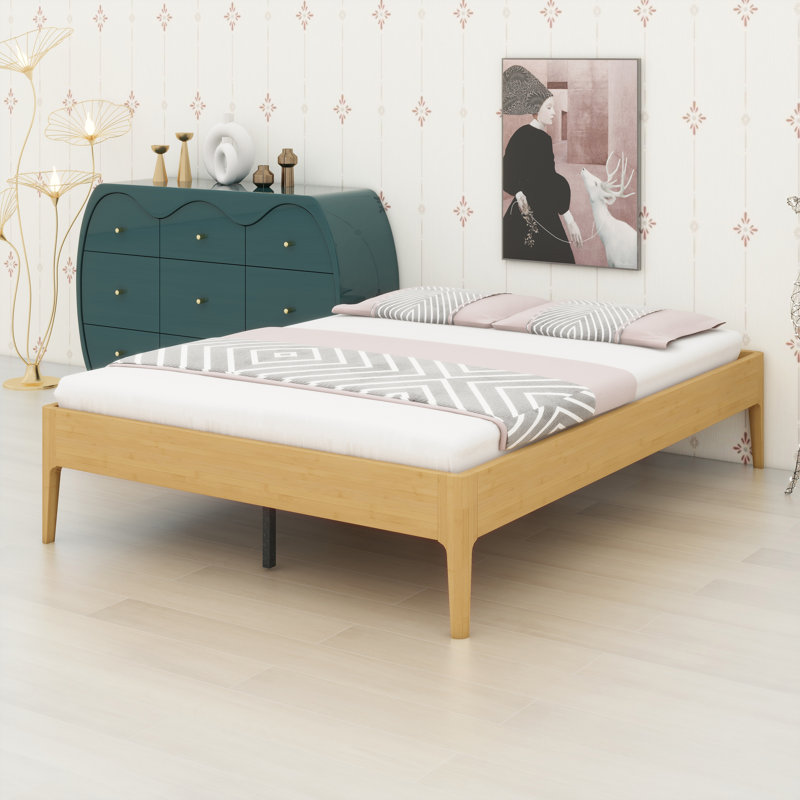 Modern Minimalist Platform Bed Frame with Integrated Reinforced Slat Support, Natural
