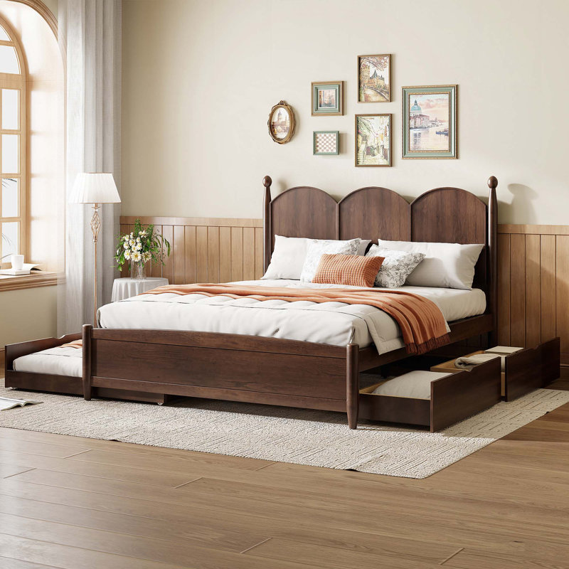 Grand lit plateforme avec 2 grands tiroirs, lit gigogne simple TG, Noyer