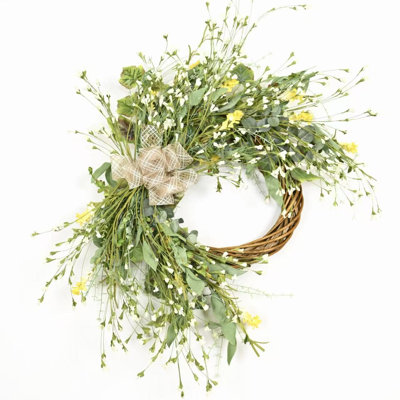 26" Artificial Farmhouse Spring Summer Half Rring Greenery Foliage Wildflower Front Door Wreath With Bow