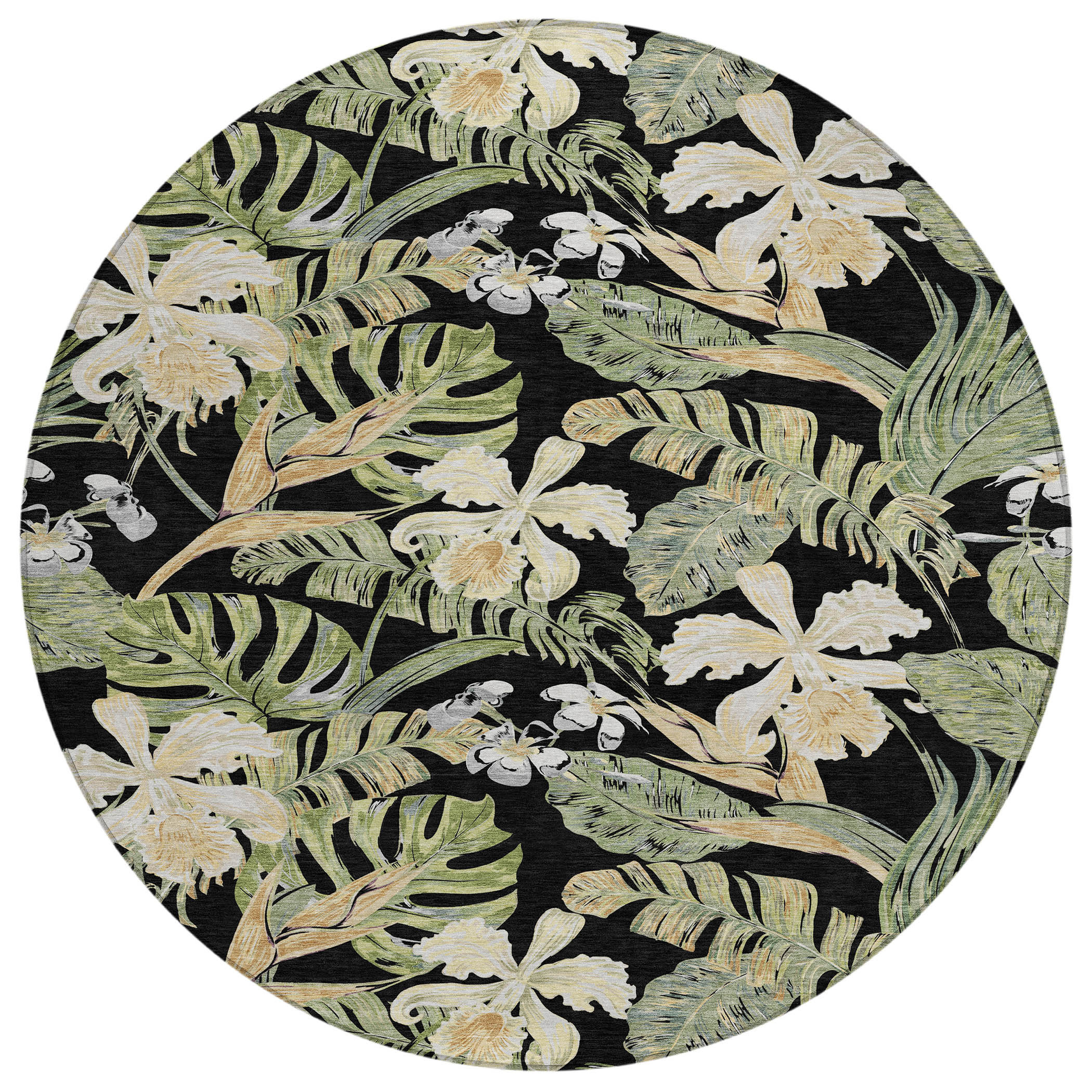 HomeRoots 8' Black Beige And Fern Green Round Botanical Leaves Washable ...