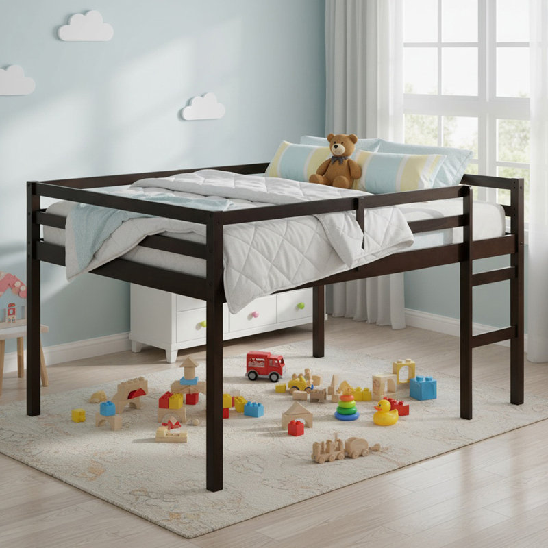Solid Wood Full Low Loft Bed with Ladder, Platform Bed with Strengthened Slats for Boys& Girls, Espresso, Full