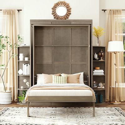 Rotating Full Murphy Bed with Desk & Dual 3-Tier Shelves, Hidden Wall Storage, Space-Saving Home Office, Gray