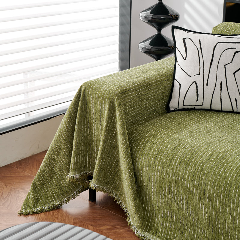 Housse pour canapé à rayures fines multicolores en chenille classique, H 71 po x l 150 po x P 0,1 po, Chenille vert olive
