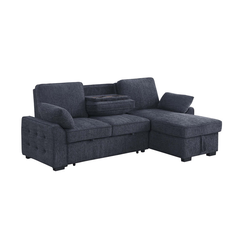 Canapé-lit modulaire réversible avec méridienne de rangement, table rabattable, porte-gobelets et ports de chargement pour des espaces de vie confortables et fonctionnels