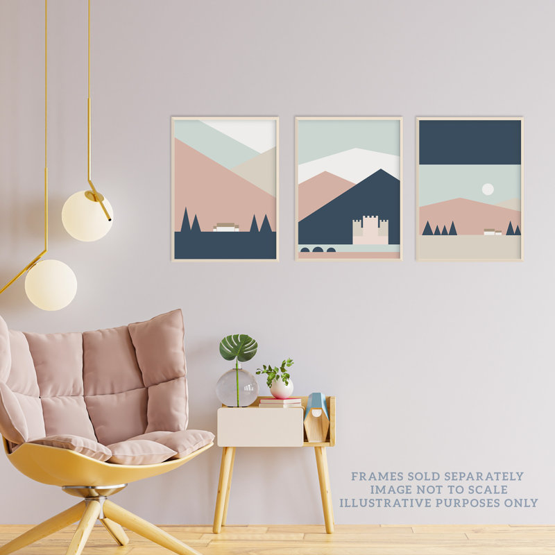 Geometric Bold Scottish Mountain Countryside House Castle Landscape - 3 Piece No Frame Print Set, 29.7cm H x 21cm W x 0.4cm D