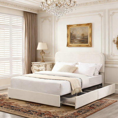 Liv Queen Size Ivory Boucle Upholstered Platform Bed with Patented 4 Drawers Storage, Curved Stitched Tufted Headboard, Wooden Slat Mattress Support, No Box Spring Needed