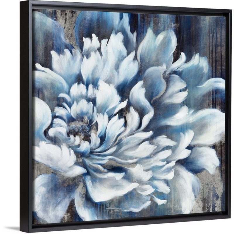 « indigo fleur iv », reproduction d’art sur toile, H 21,7 po x l 21,7 po x p 1,75 po, Cadre flottant noir