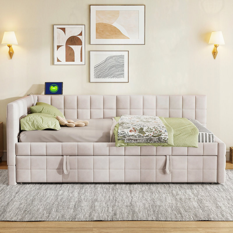 Lit de jour rembourré en L avec lit gigogne escamotable, Beige