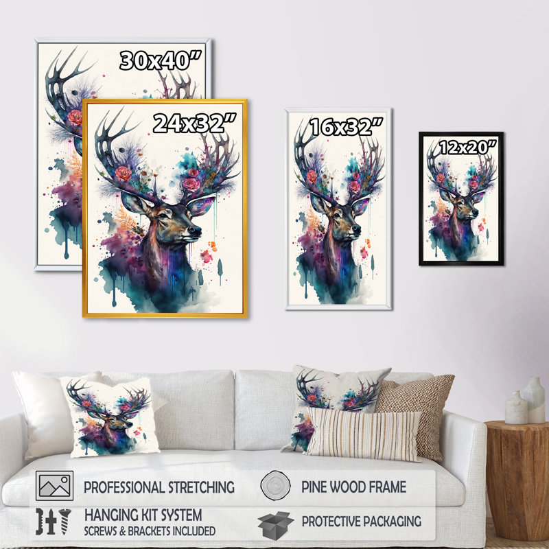 Mignon cerf Floral II - peinture sur toile, H 32 po x l 24 po x P 1 po, Cadre flottant doré
