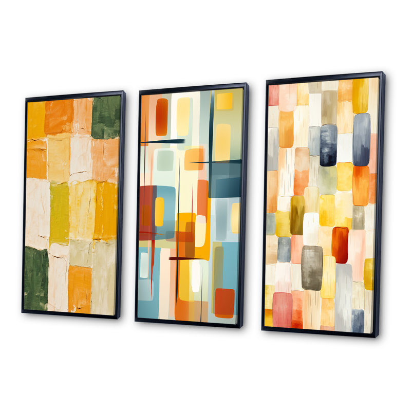 «Retro Cubist Abstract Composition I», ensemble de 3 reproductions, Cadre flottant noir, H 40 po x l 60 po