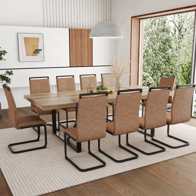 Ensemble de table de salle à manger en bois 87 po avec chaise rembourrée en cuir PU, 11 pièces: table, 10 chaises, Bois