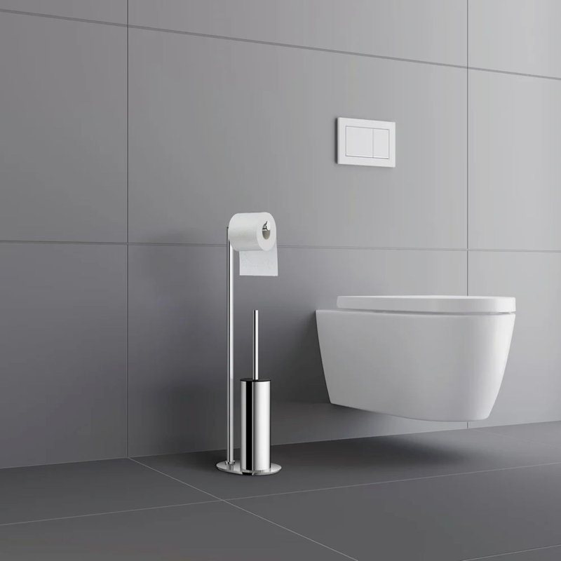 Porte-papier hygiénique sur pied avec brosse de toilette, Polished Stainless Steel