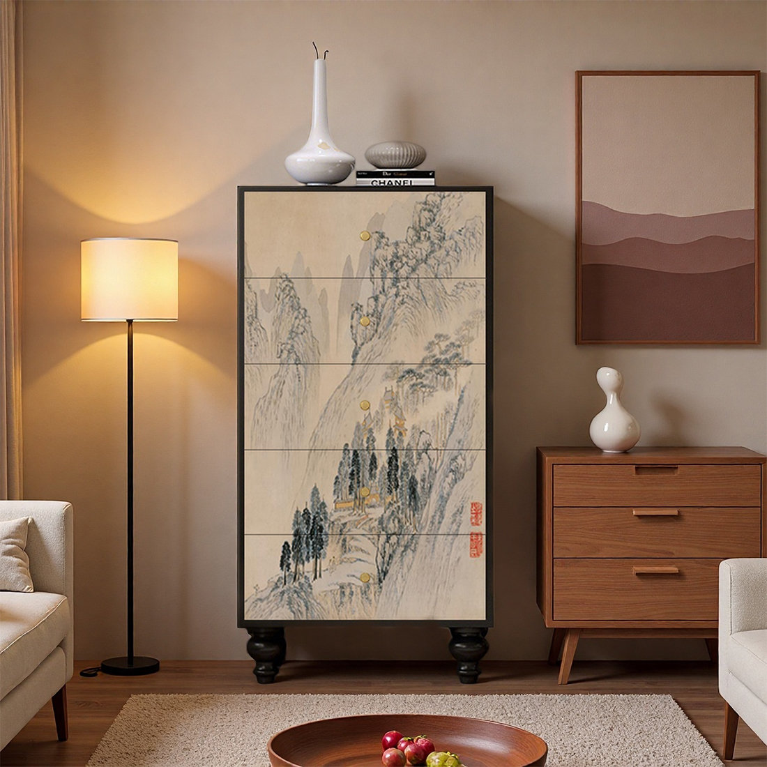 East Urban Home Oriental Pine Frame Landscape Decorative Cabinet | Wayfair