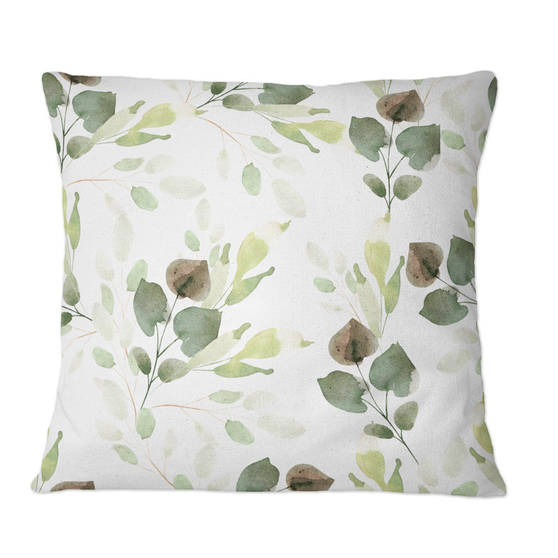 Coussin décoratif à motif de feuilles vertes sur fond blanc, 16 po x 16 po