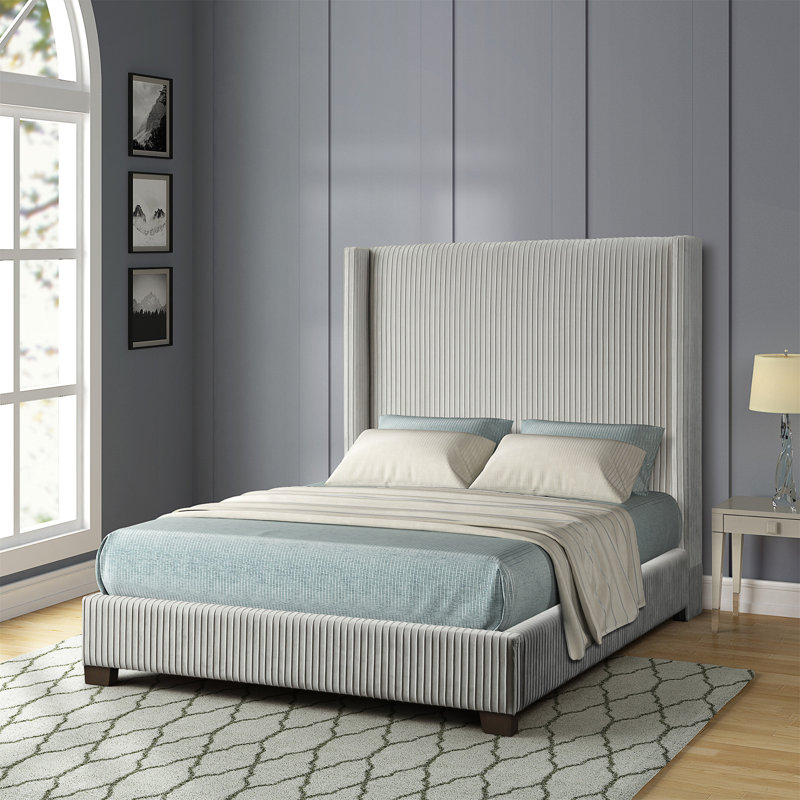 Aazad Pleated Upholstered Bed, Gray, King