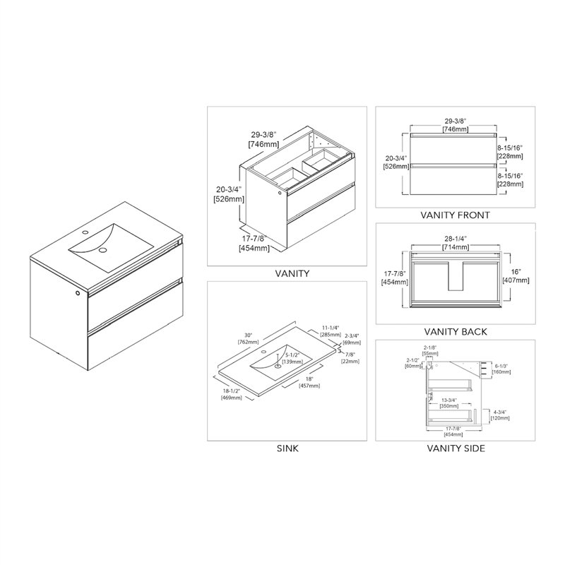 Meuble-lavabo mural simple 30 po avec lavabo, Blanc