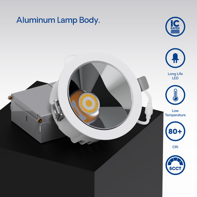 DEL encastrée 4 po, 12 W, angle de faisceau de 50 degrés, 5 CCT sélectionnable, intensité réglable Triac