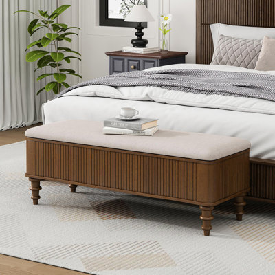 50.8-Inch Multi-Functional Storage Ottoman Bench-Solid Rubberwood Bed End Bench With Linen Seat, Storage Bench For Bedroom, Entryway Shoe Organizer For Bedroom, Living Room, Entryway, Closet, Walnut