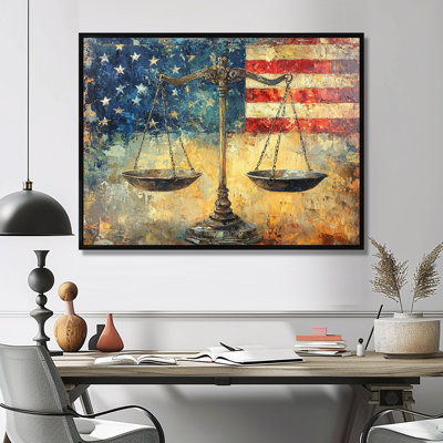 Balance symbolique de la balance de la justice avec drapeau américain I - décoration murale patriotiste des États-Unis