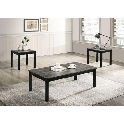 Table contemporaine 3 pièces gris avec plateau en faux marbre et pieds en bois massif - 1 table basse et 2 tables de bout pour la vie principale