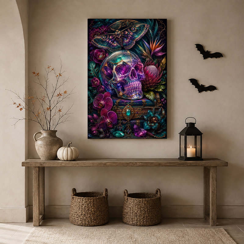Impression sur toile, crâne de cristal mauve avec papillon de nuit bleu sarcelle et fleurs, H 36 po x l 24 po