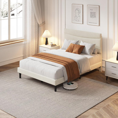 Upholstered Platform Bed Frame with Headboard, MDF & Wooden Slat Support, Noise-Free, Easy Assembly, No Box Spring Needed, Beige White, Black, Pink, Available in Twin XL, Full, Queen, King