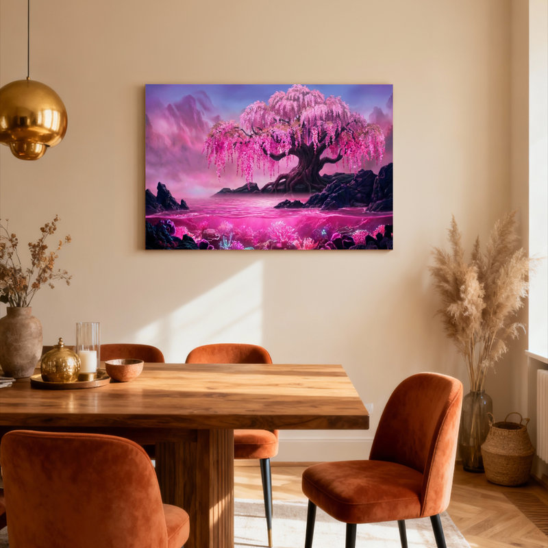 Ensemble de 1 tableau sur toile tendue représentant un paysage fantastique d'arbres en fleurs de cerisier roses