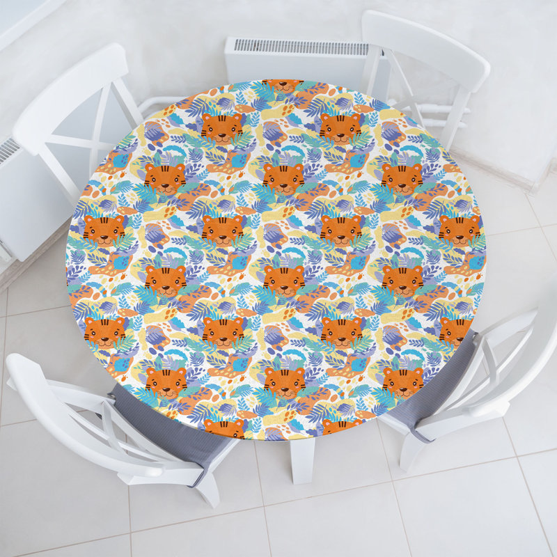 East Urban Home Cartoon Fitted Round Tablecloth Diameter Dark Orange Multicolor, 51.97" Round