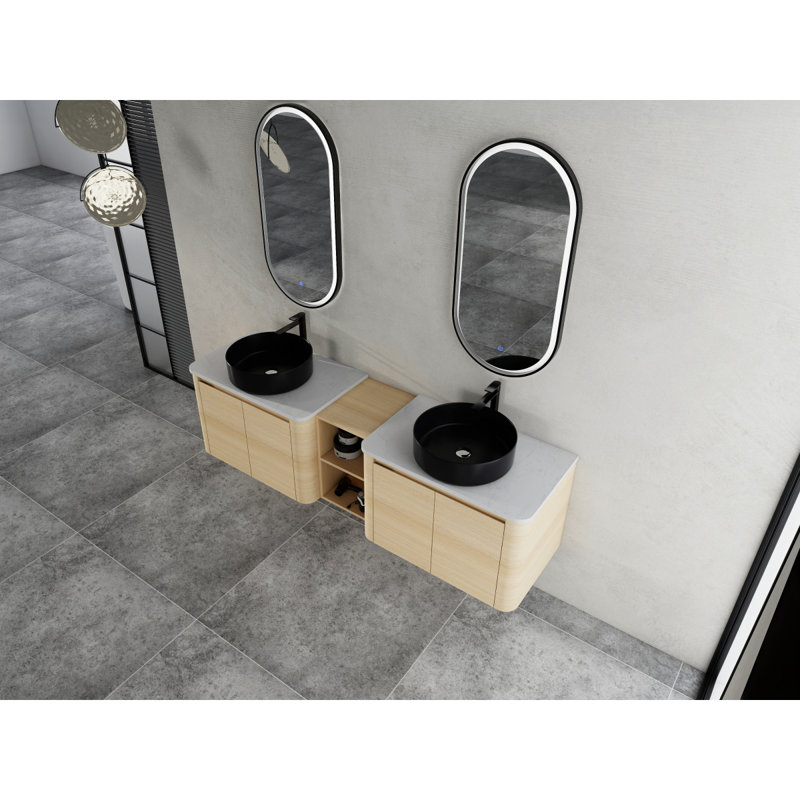 Meuble-lavabo mural 72 po avec lavabo d'art en céramique et 1 tablette de rangement, 4 portes à fermeture douce, emballage KD, contreplaqué