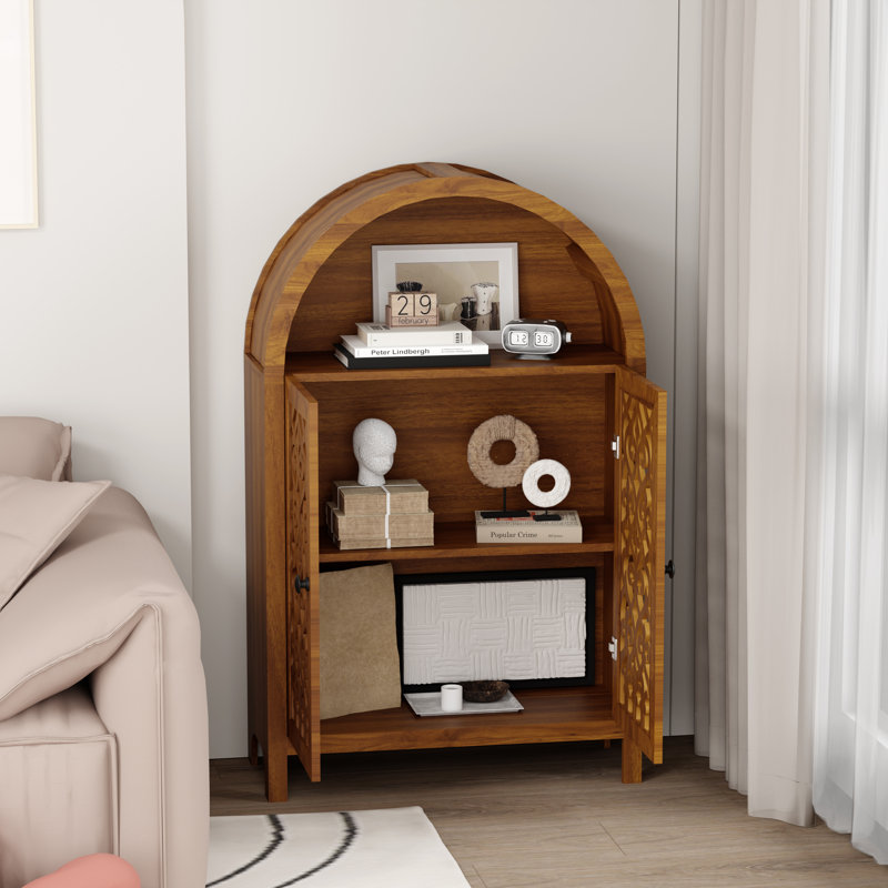 Armoire arquée en bois massif sculptée à la main avec tablette ouverte et 2 portes, grand rangement décoratif pour le salon, la chambre à coucher