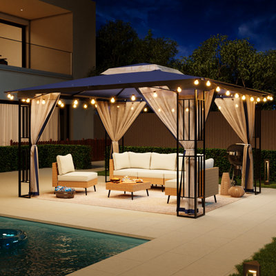 Pavillon de jardin à double toit 13 pi x 11 pi avec moustiquaire, abri de jardin robuste