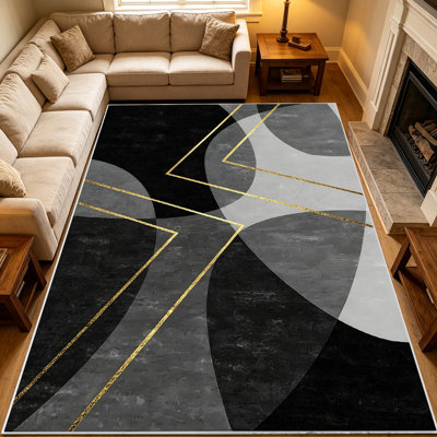 Tapis à motif géométrique moderne noir et or de 1 pièce pour le salon, doux et confortable, convenant à toutes les saisons, facile à entretenir, lavable à la machine, sous la table de ferme convenant à la salle à manger, la chambre à coucher, le vestibule, la cuisine, la maison