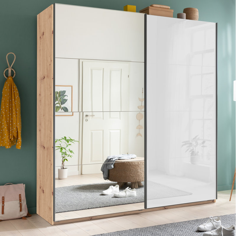 Systema 2 Door Wardrobe, 223cm H x 200cm W x 60cm D, Glossy White/Oak