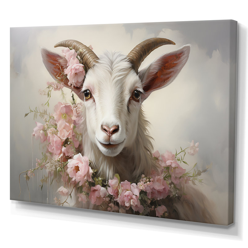 Chèvre blanche avec coller floral rose - art mural animal de chèvre, Toile tendue, H 12 po x l 20 po x P 1 po