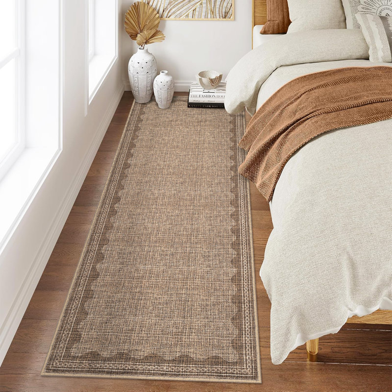 Scalloped Machine Washable Rug Modern Solid Floor Mats with Non-Slip Backing, Stain-Resistant Low Pile Accent Rug, Contemporary Indoor Carpet for Living Room, Bedroom, Office