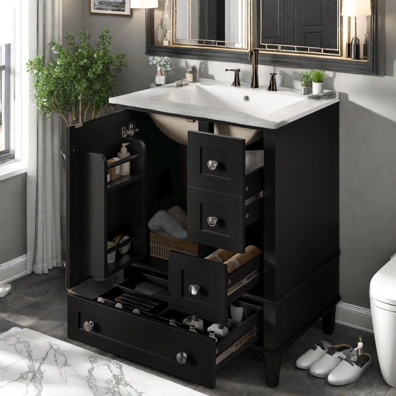 Meuble-lavabo compact en bois noir avec lavabo et rangement moderne