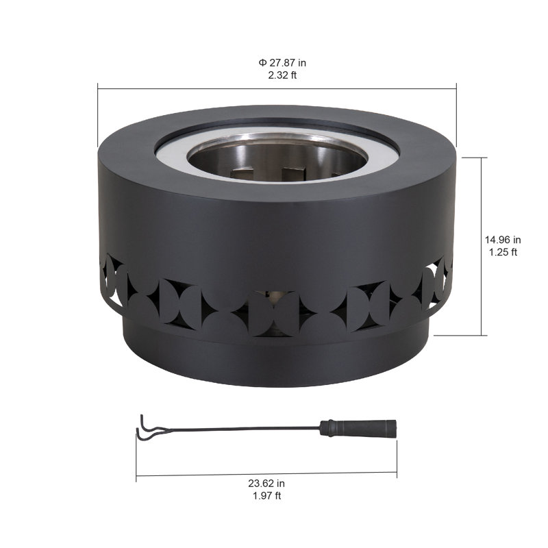 Sunjoy 28 Inch Extra Tall Round Smokeless Fire Pit with Removable Ash Pan, Portable Wood Burning Outdoor Fireplace with PVC Weather Cover & Fire Poker, Ideal for Patio, Camping & Backyard, Black