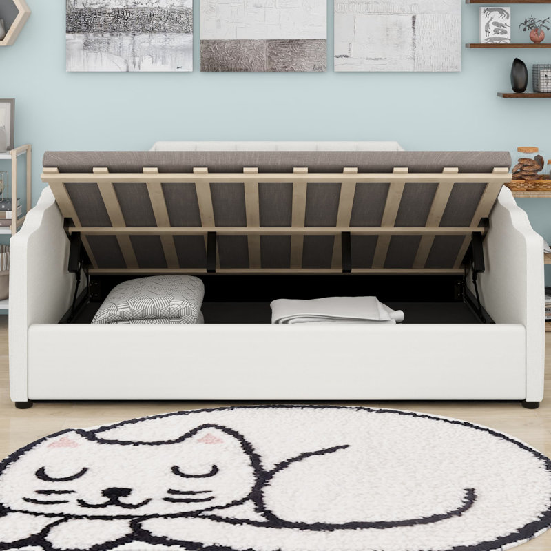 Lit de jour rembourré avec rangement inférieur, Beige
